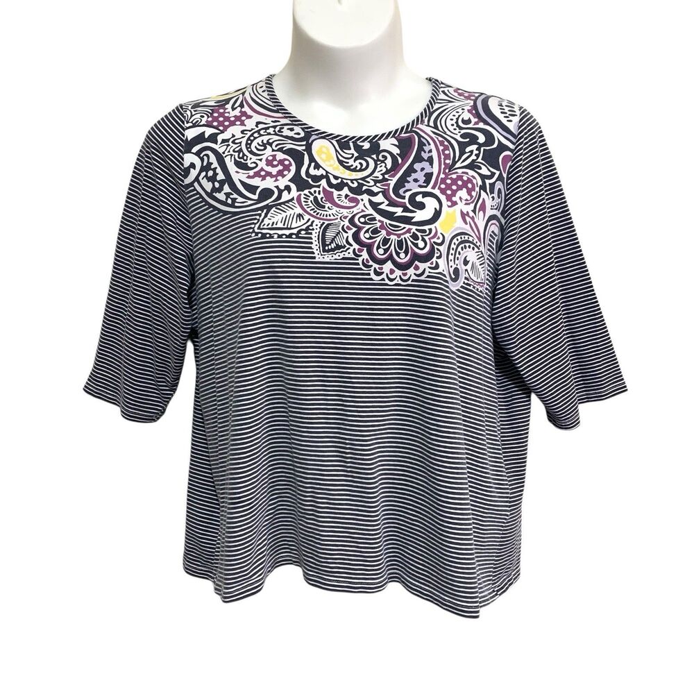 CJ Banks Shirt Top Womens Size 2X Multicolor Stripe Paisley 3/4 Sleeve Knit Tee